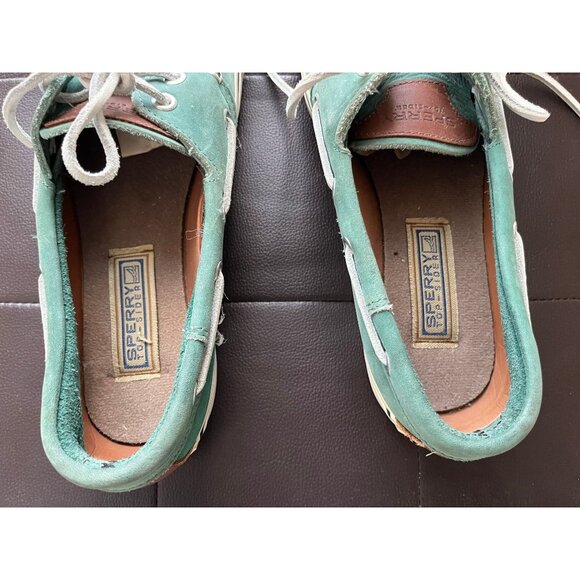 Vintage Men's Sperry Rand Leather Turquoise Green Top-Sider Gray Leather Tie Siz - Picture 3 of 10